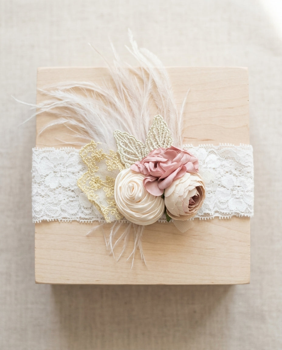 Dusty Rose & French Cream Flower Girl Headband and Sash