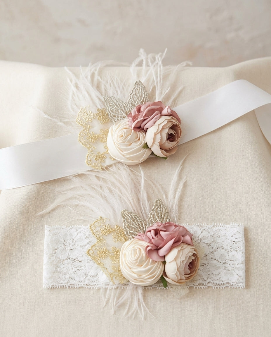 Dusty Rose & French Cream Flower Girl Headband and Sash