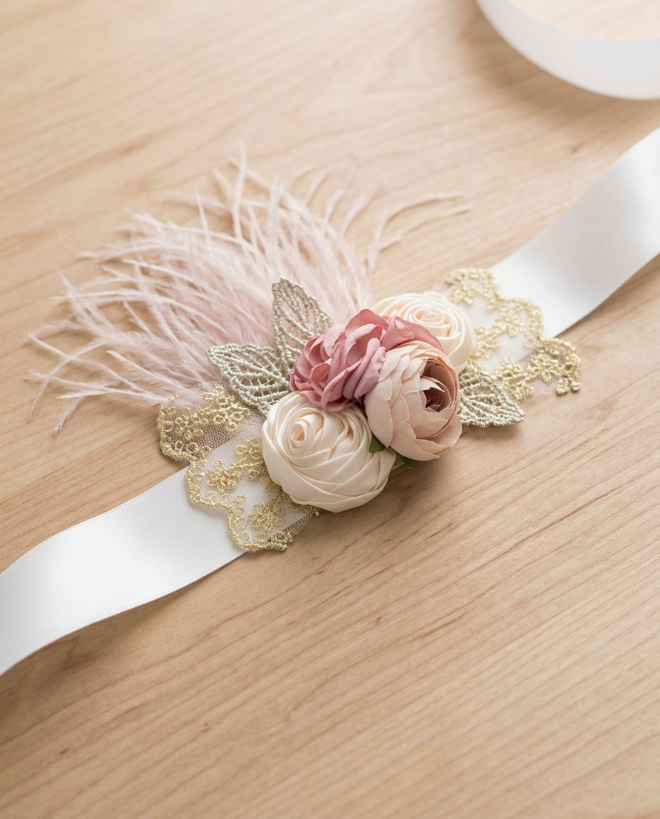 Dusty Rose & French Cream Flower Girl Headband and Sash