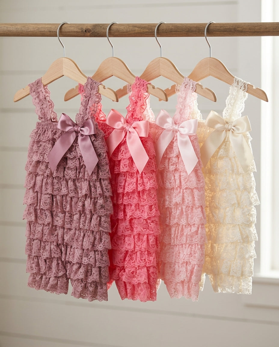 French Ivory Baby Lace Romper, Pink Lace Romper