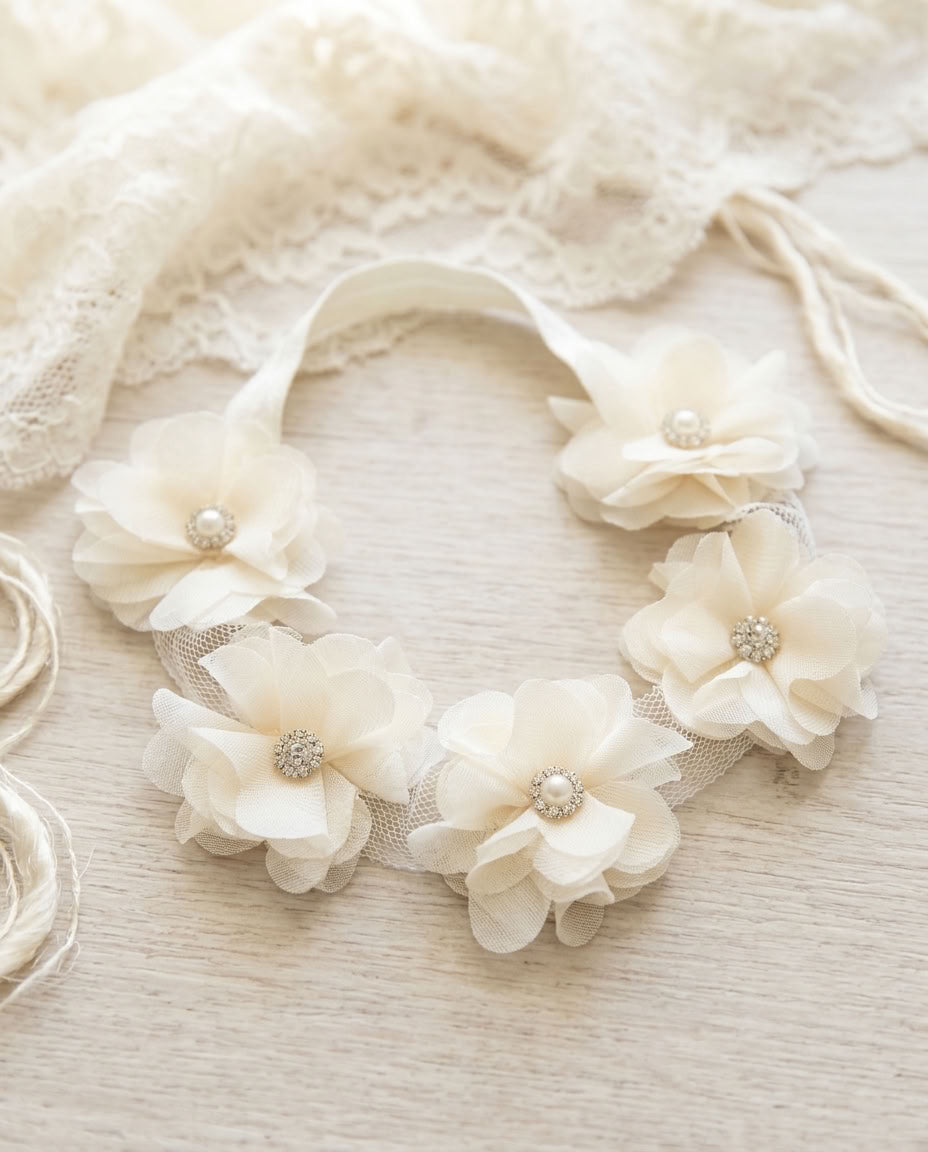 Vintage Ivory Baptism Flower Headband with Rhinestones