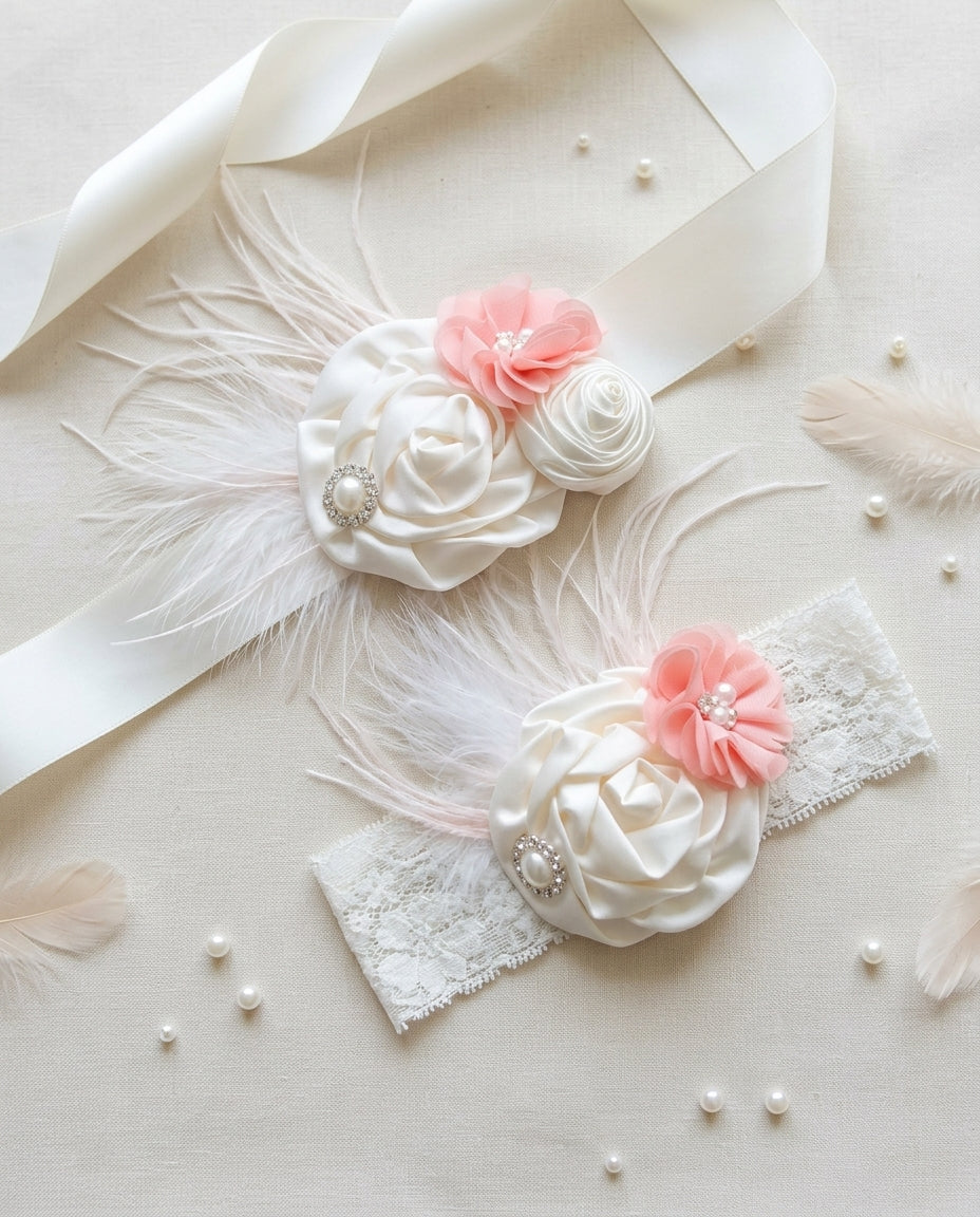 French Ivory and Coral Shimmer Headband & Sash Set