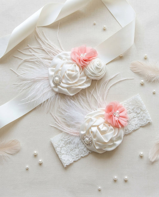 French Ivory and Coral Shimmer Headband & Sash Set