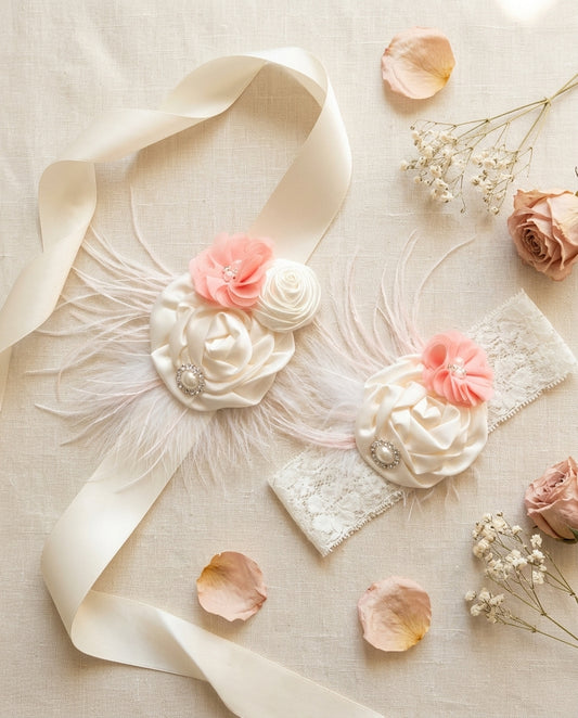 French Ivory and Coral Shimmer Headband & Sash Set