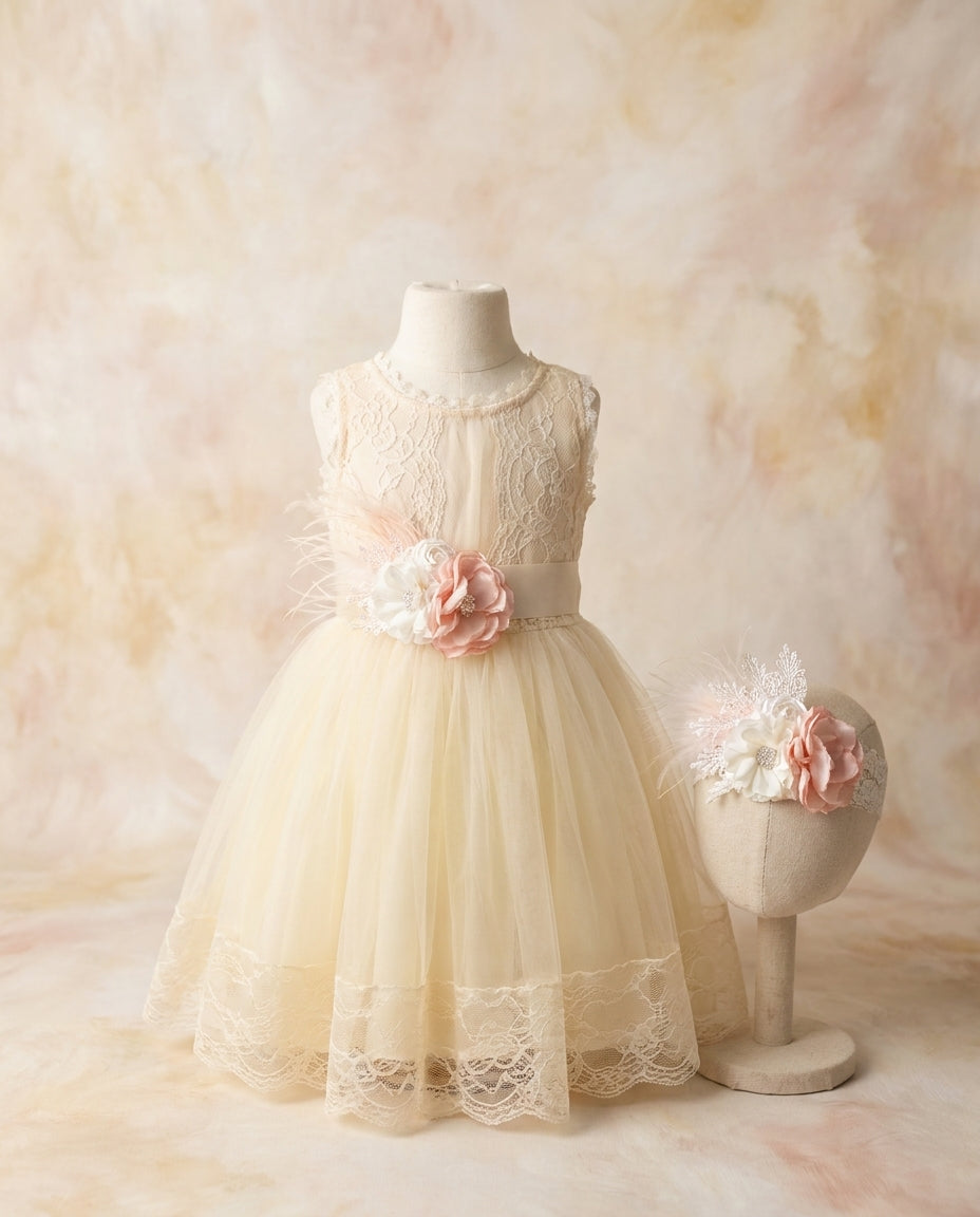 French Summer Baby Girl Dress with Headband and Sash Champagne / Peach/Ivory / 7