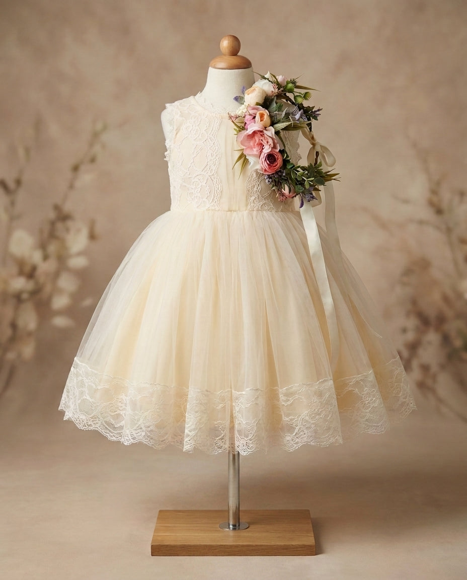 French Summer Flower Girl Dress with Spring Flower Crown