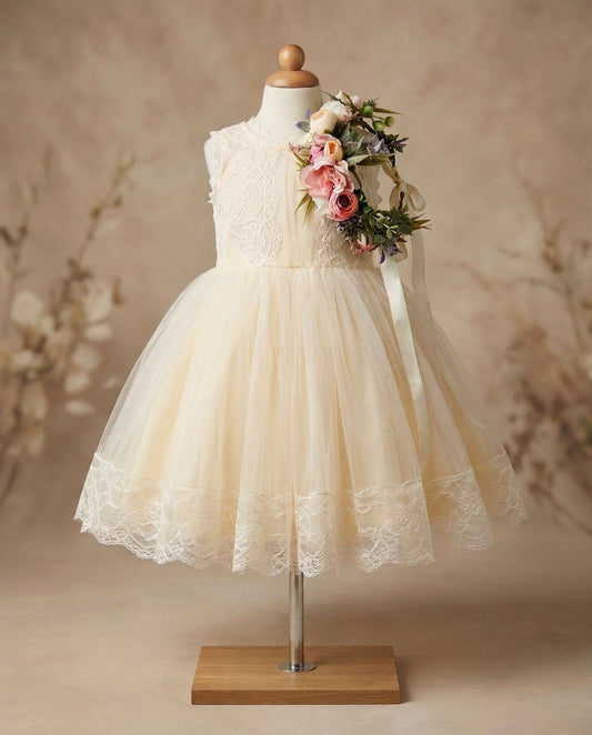 French Summer Flower Girl Dress with Spring Flower Crown