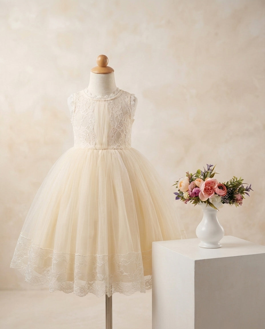 French Summer Flower Girl Dress with Spring Flower Crown