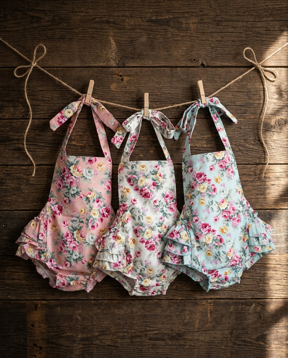 French Teal Floral Baby Ruffled Romper