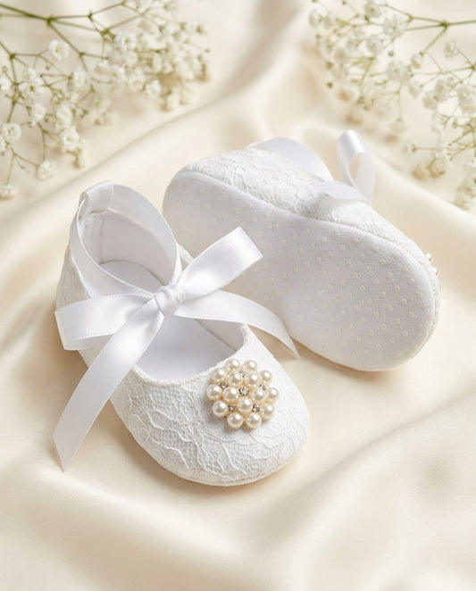 French White Baby Baptism Shoes with Pearl Rhinestones, Baby Ivory Baptism Shoes