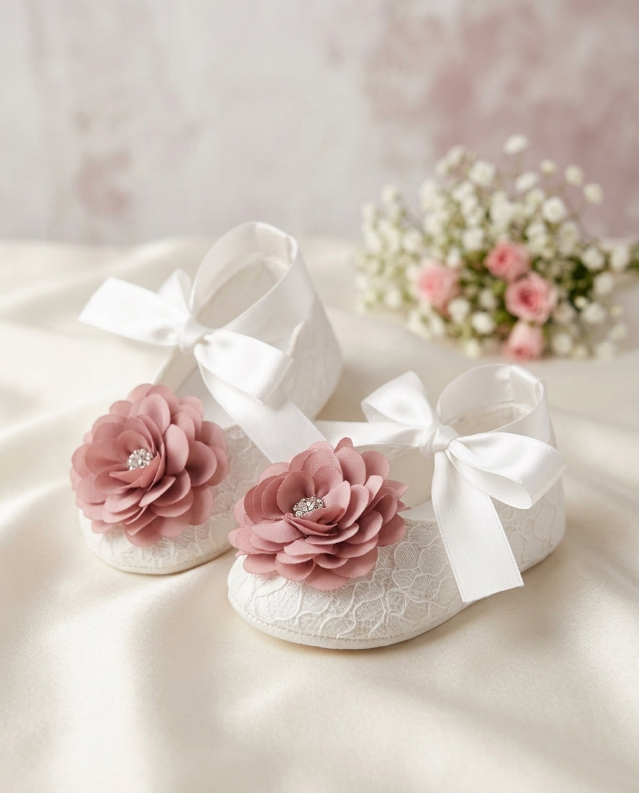White Baby Girl Baptism Shoes with Dusty Rose Flowers