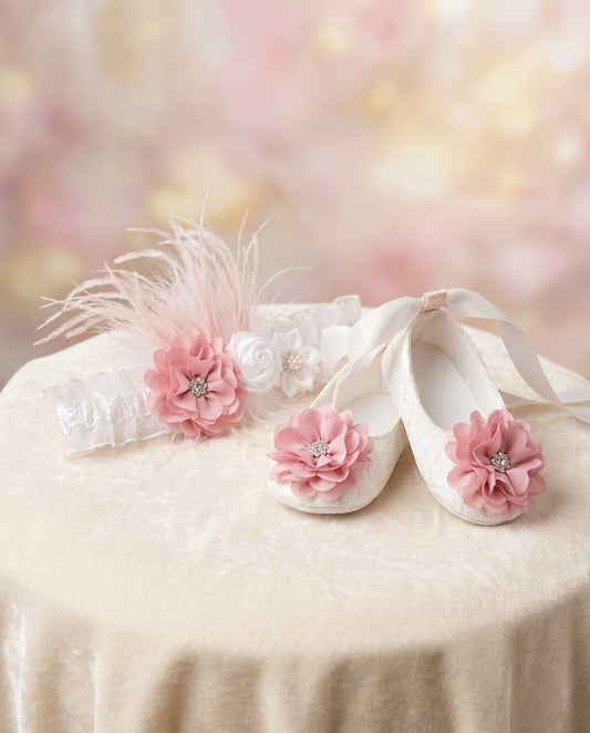 French White Baptism Lace Shoes and Headband Set