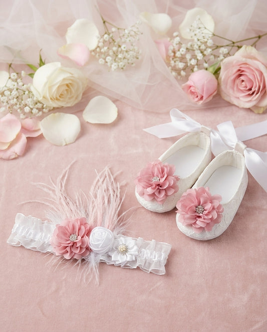 French White Baptism Lace Shoes and Headband Set