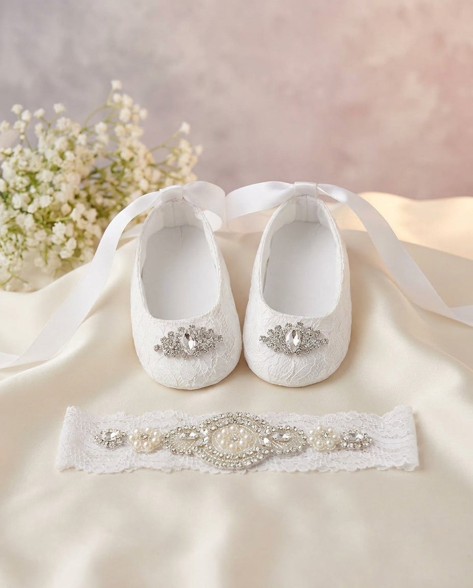 French White Baptism Lace Shoes and Rhinestones & Pearls Headband Set