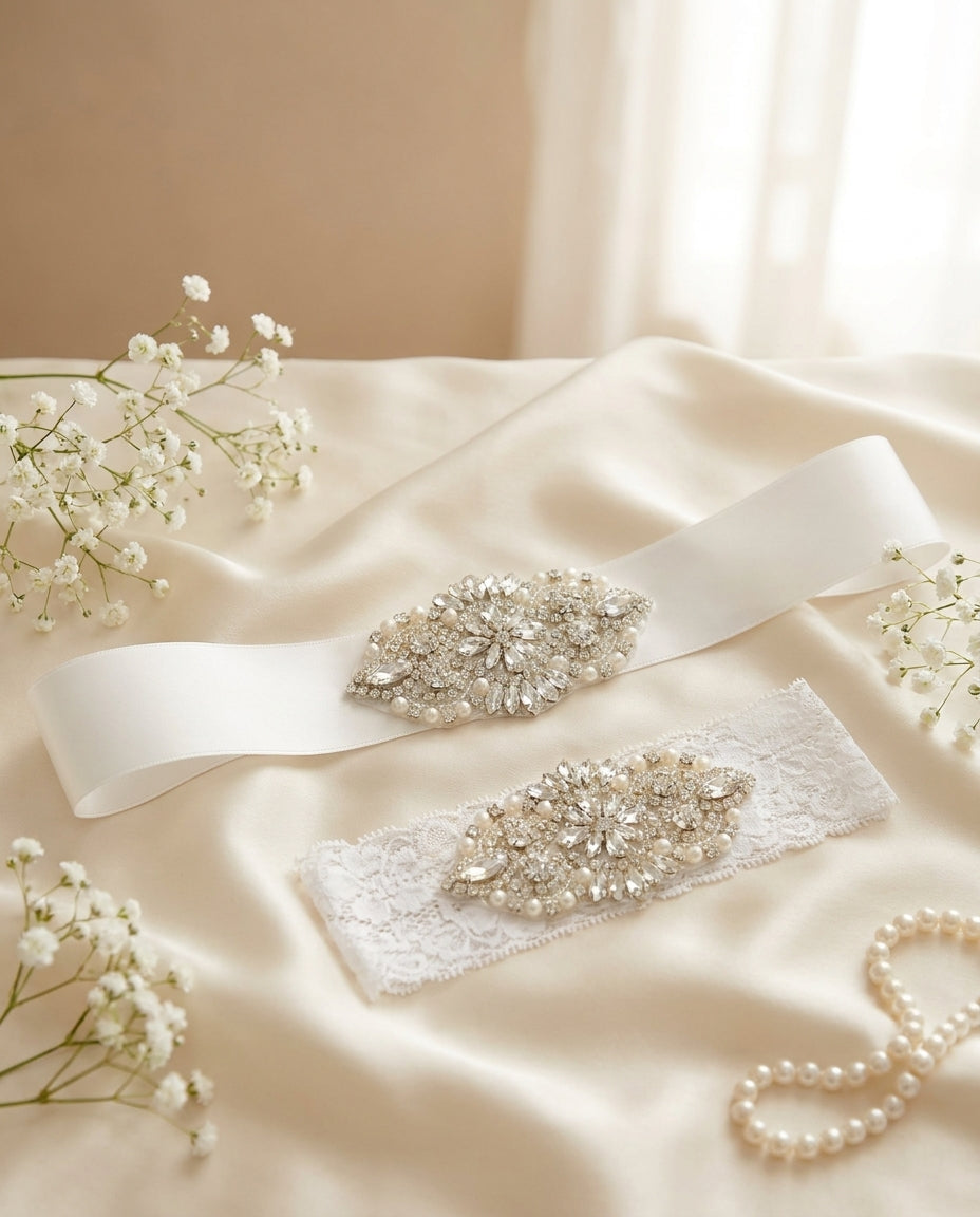 French White Baptism Rhinestone and Pearl Headband & Sash