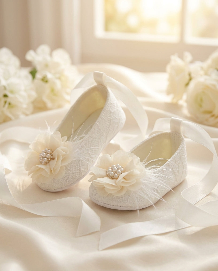 Ivory Baptism Shoes with Flowers, Pearls, & Rhinestones