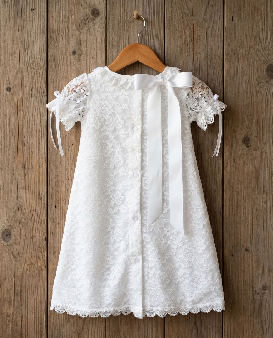 White Lace Christening Dress and Rhinestone Headband, Belle Baptism Dress