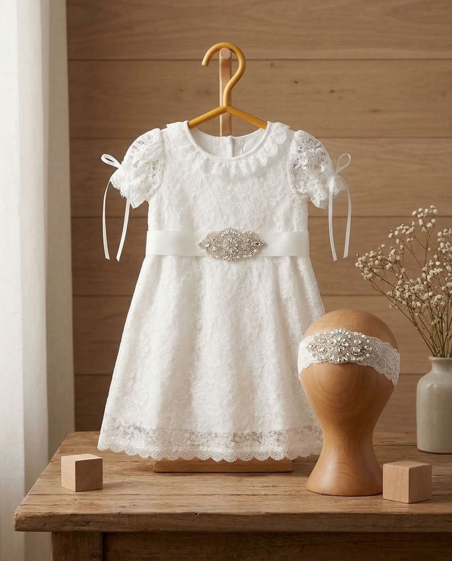French White Bell Lace Christening Dress with Rhinestones Headband and Sash