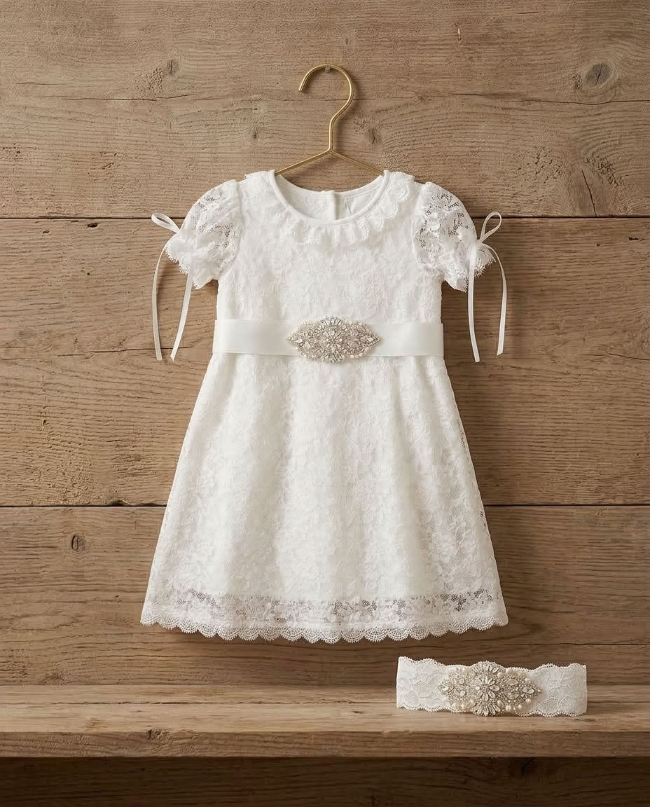 French White Bell Lace Christening Dress with Rhinestones Headband and Sash