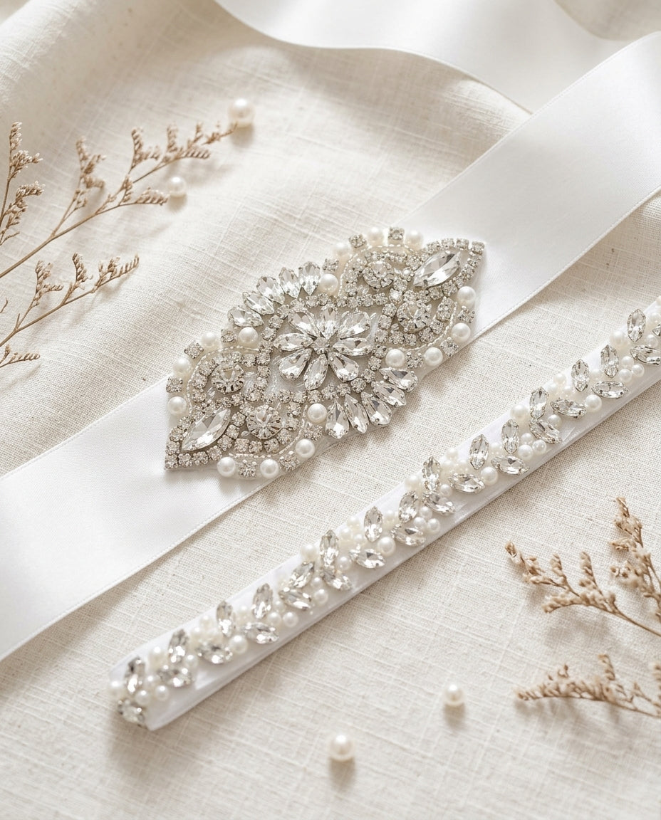 French White Christening Rhinestones and Pearl Headband & Sash