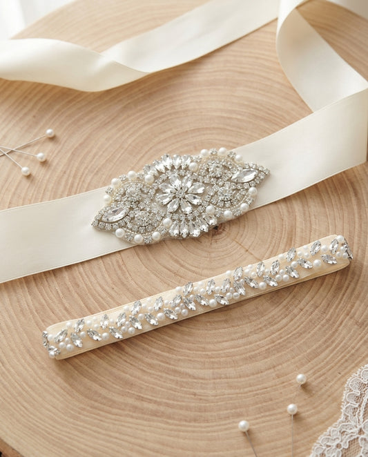 French White Christening Rhinestones and Pearl Headband & Sash