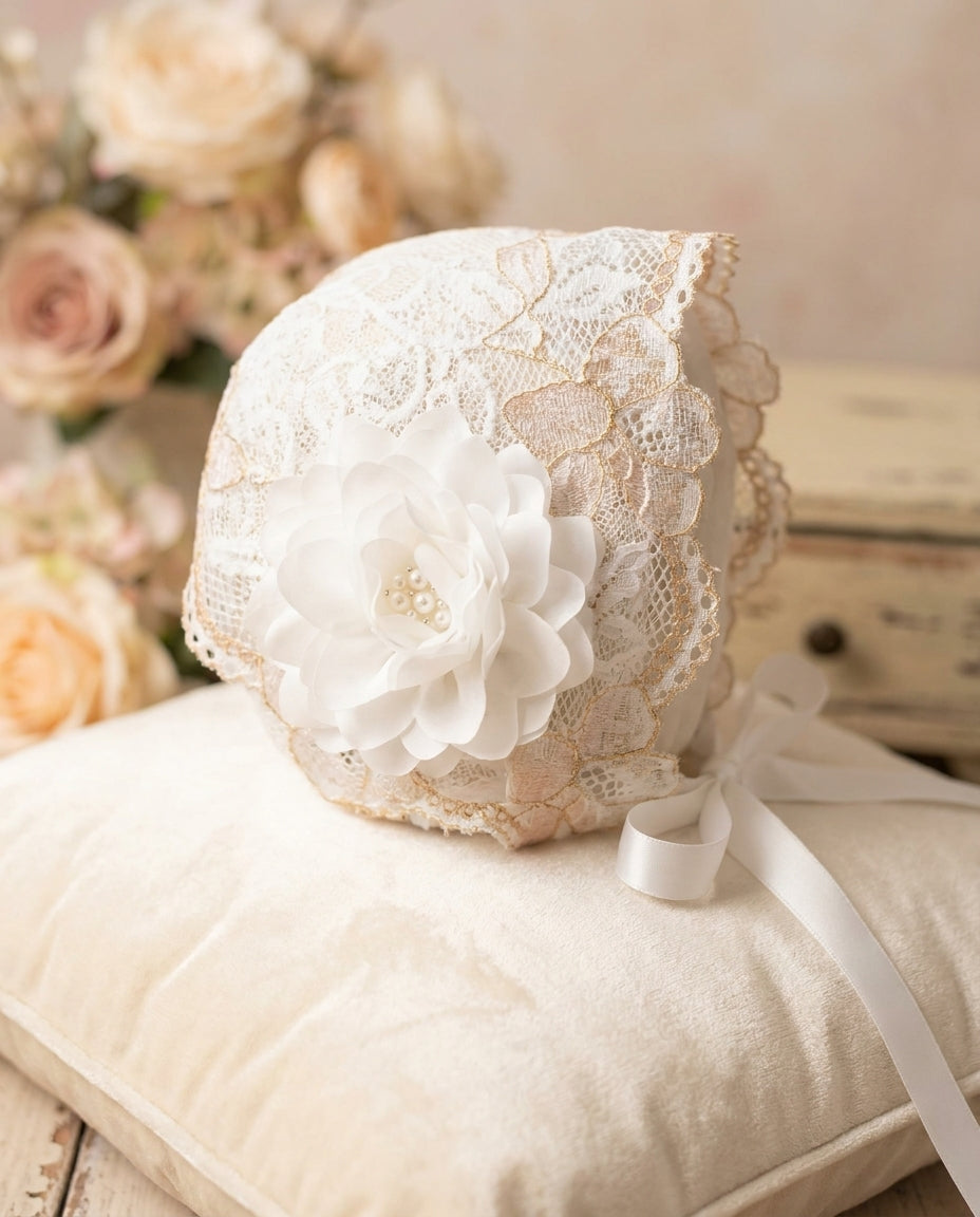 French White Christening lace bonnet and Sash