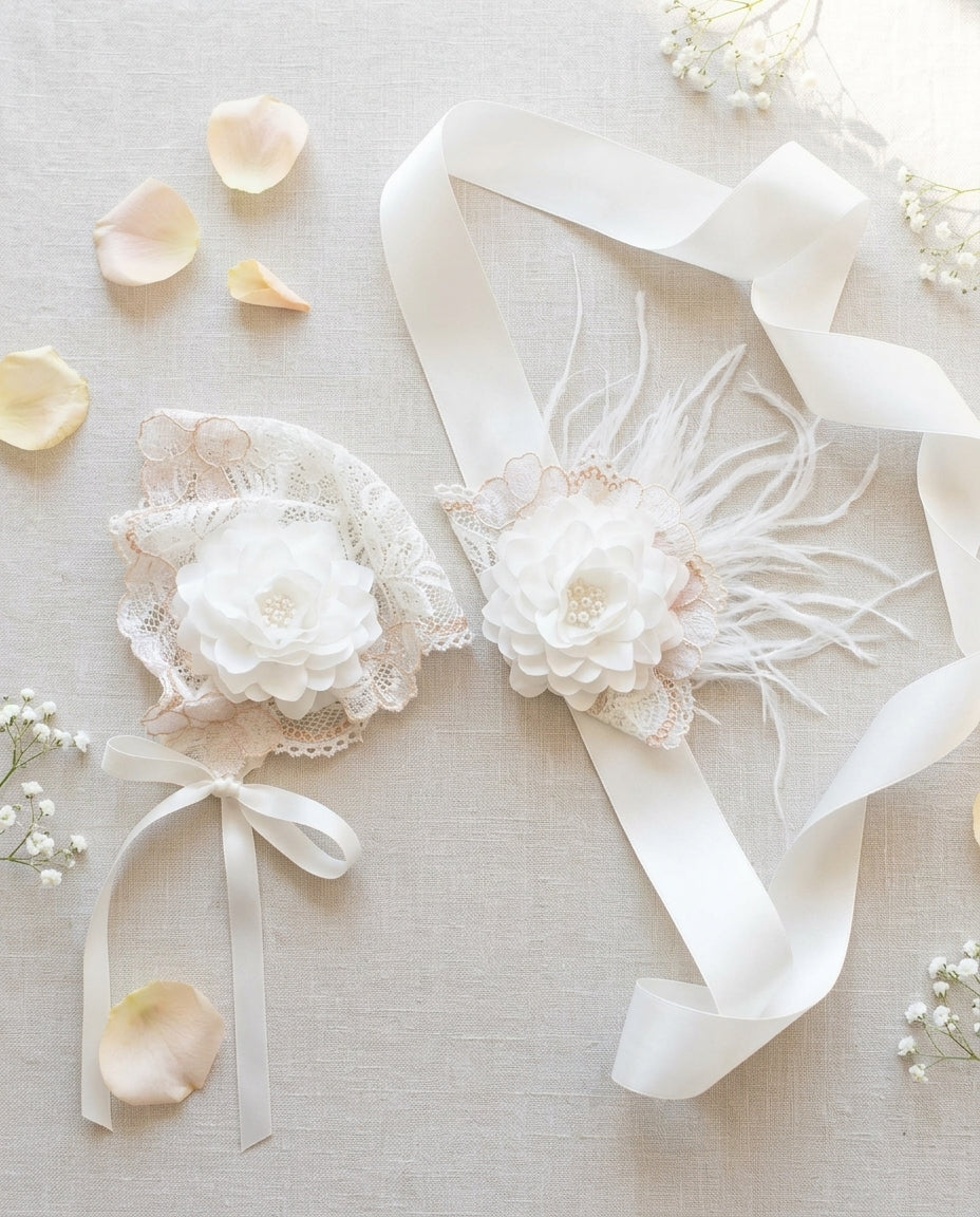 French White Christening lace bonnet and Sash