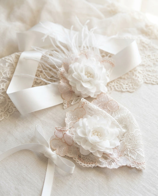 French White Christening lace bonnet and Sash