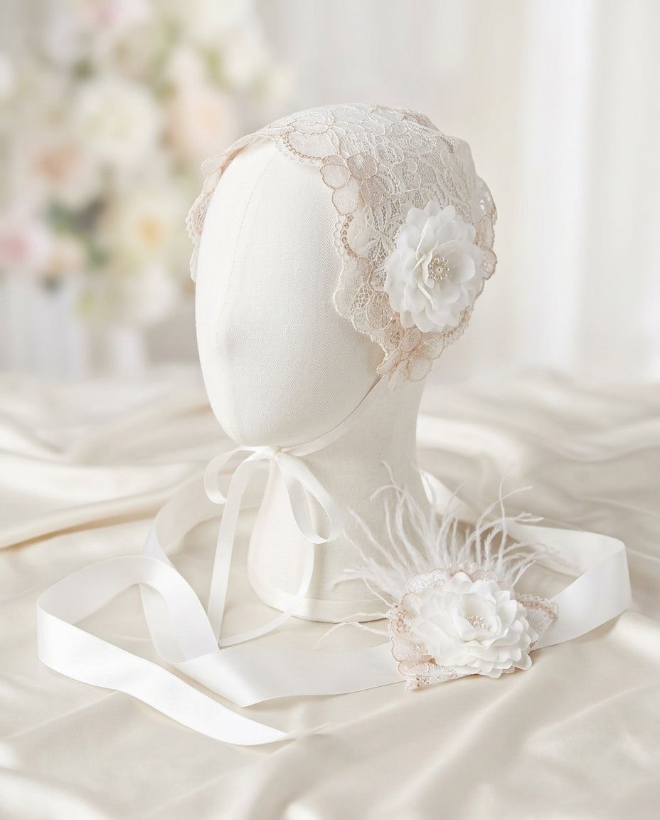 French White Christening lace bonnet and Sash