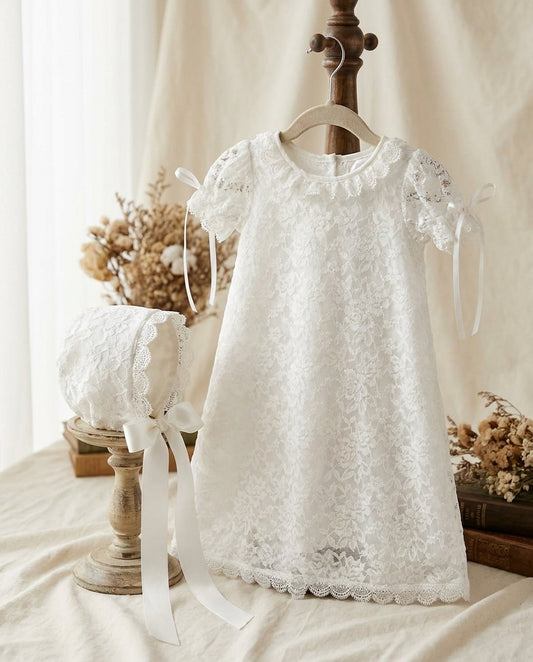 French White Lace Christening Dress and Bonnet, Belle Baptism Dress