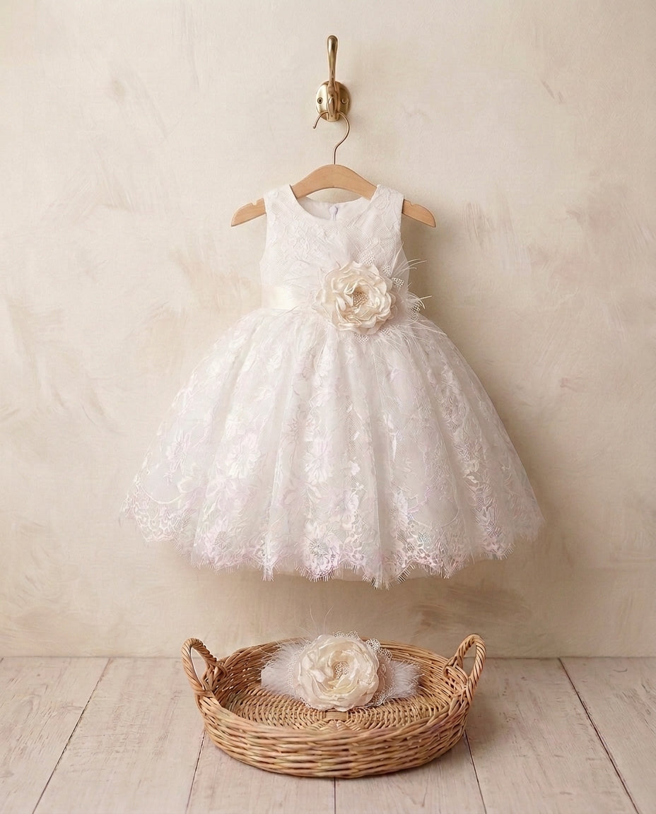 French White Lace Christening Dress with Ivory Headband