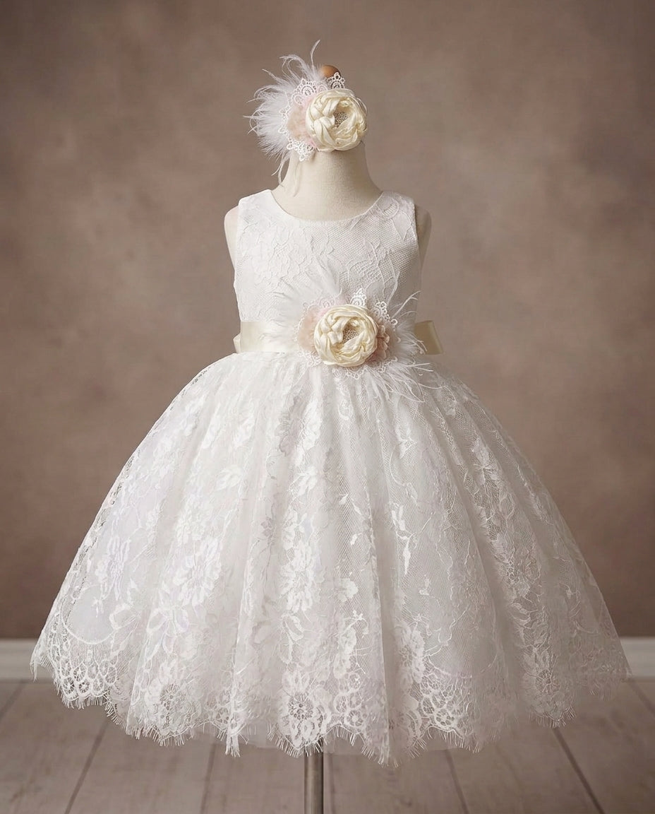 French White Lace Christening Dress with Ivory Headband