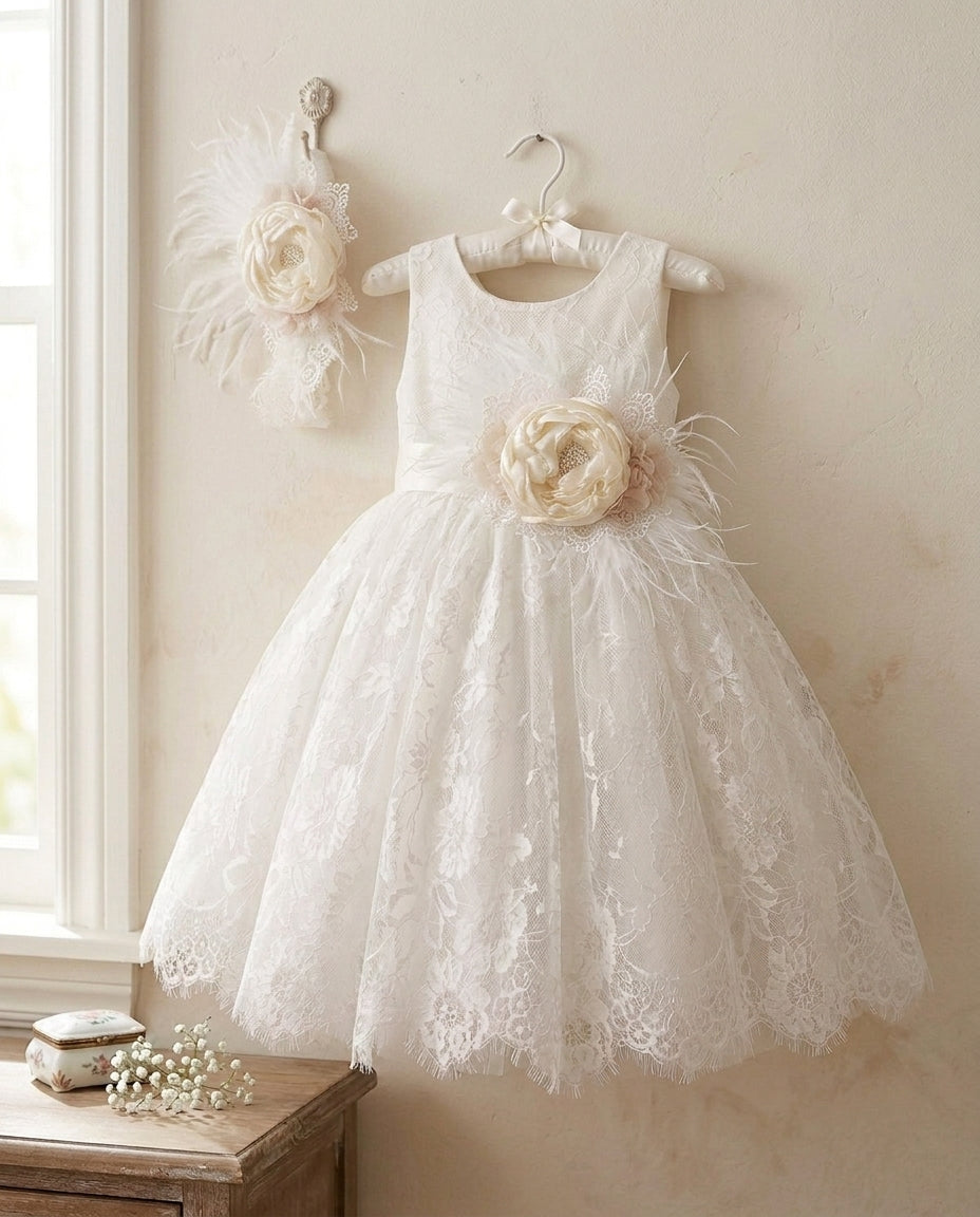 French White Lace Christening Dress with Ivory Headband