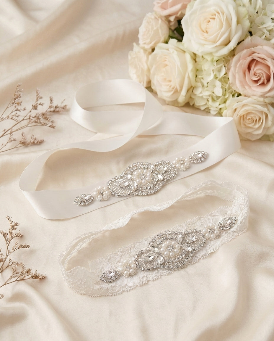 White Rhinestones & Pearls Baptism Headband & Sash