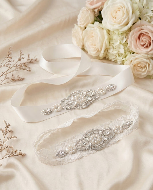 White Rhinestones & Pearls Baptism Headband & Sash