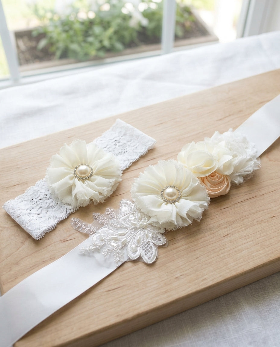 French White and Ivory Baptism Headband & Sash