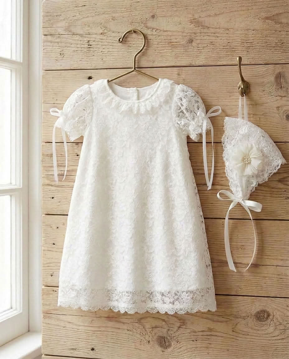 Girl French White Lace Christening Dress and Bonnet