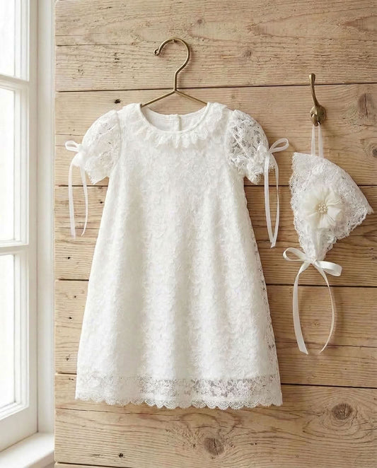 Girl French White Lace Christening Dress and Bonnet