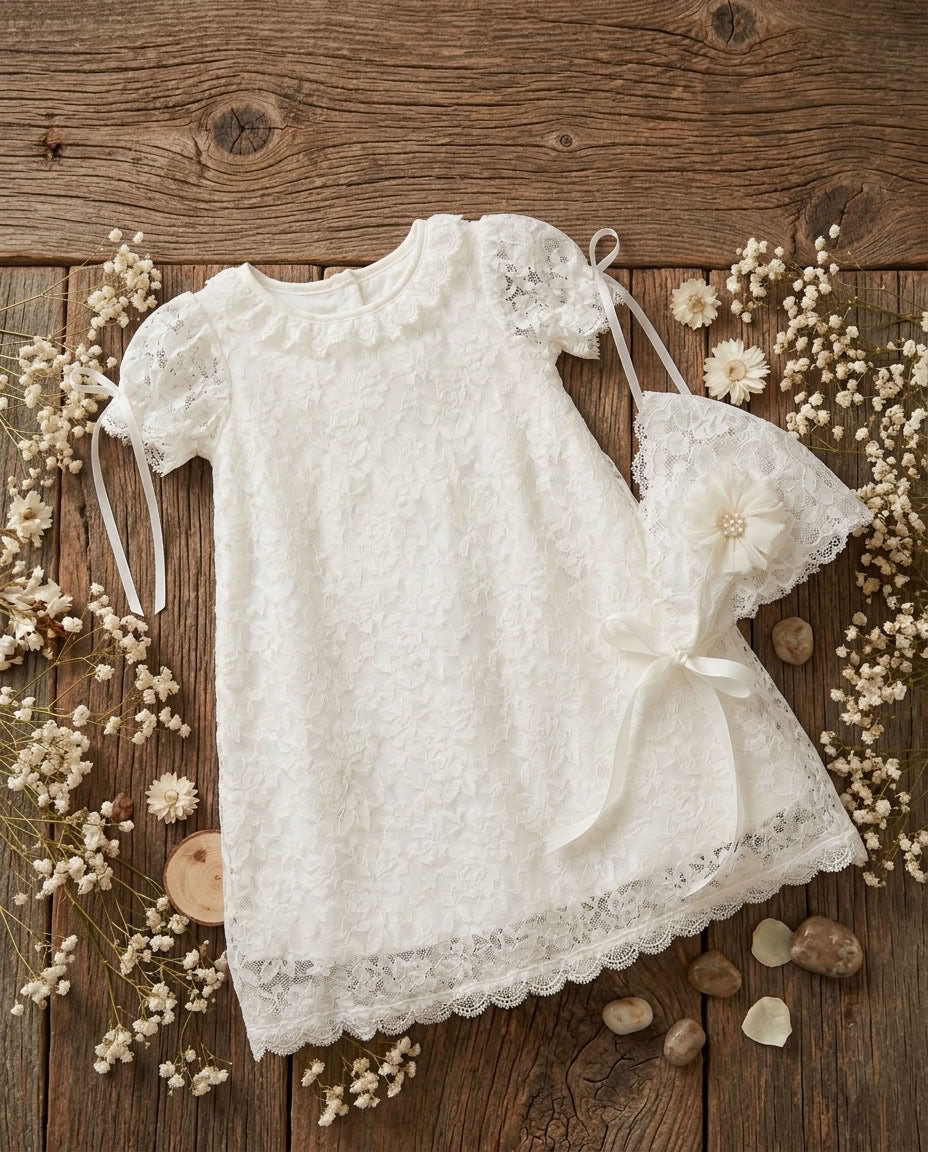 Girl French White Lace Christening Dress and Bonnet