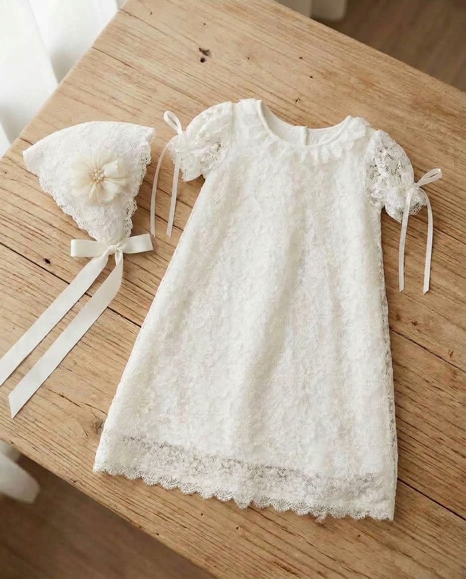 Girl French White Lace Christening Dress and Bonnet