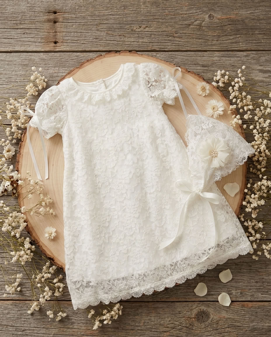 Girl French White Lace Christening Dress and Bonnet