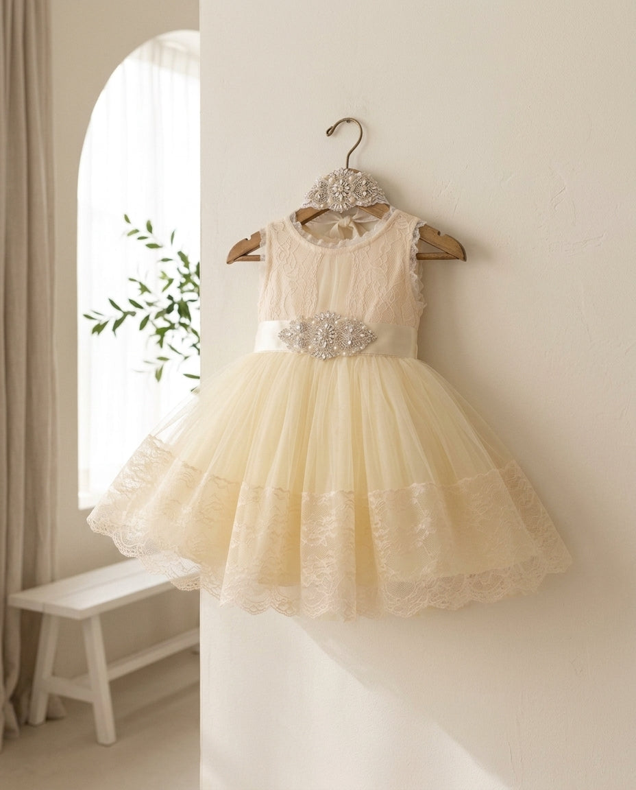 Girl Summer Flower Girl Dress with Rhinestones Headband and Sash