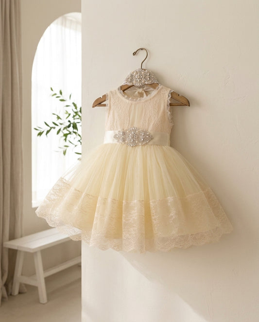 Girl Summer Flower Girl Dress with Rhinestones Headband and Sash