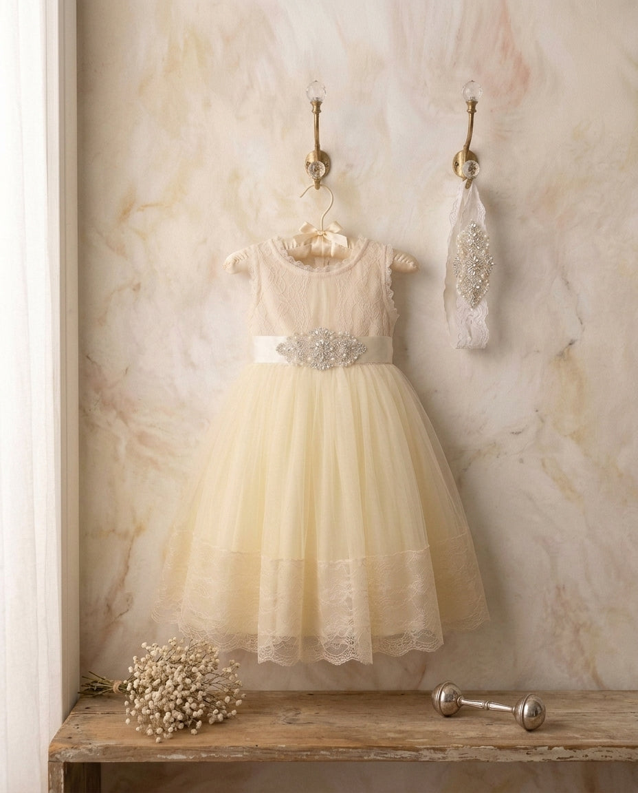 Girl Summer Flower Girl Dress with Rhinestones Headband and Sash
