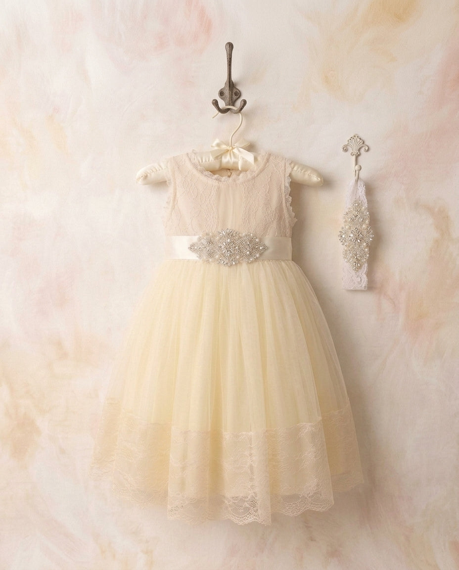 Girl Summer Flower Girl Dress with Rhinestones Headband and Sash