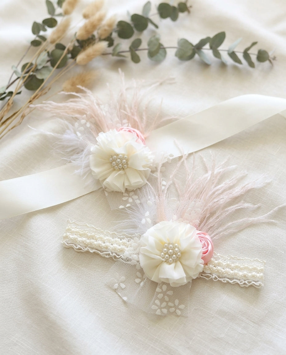 Girls Ivory and Peach Blush Headband and Sash