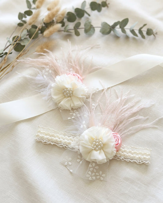 Girls Ivory and Peach Blush Headband and Sash