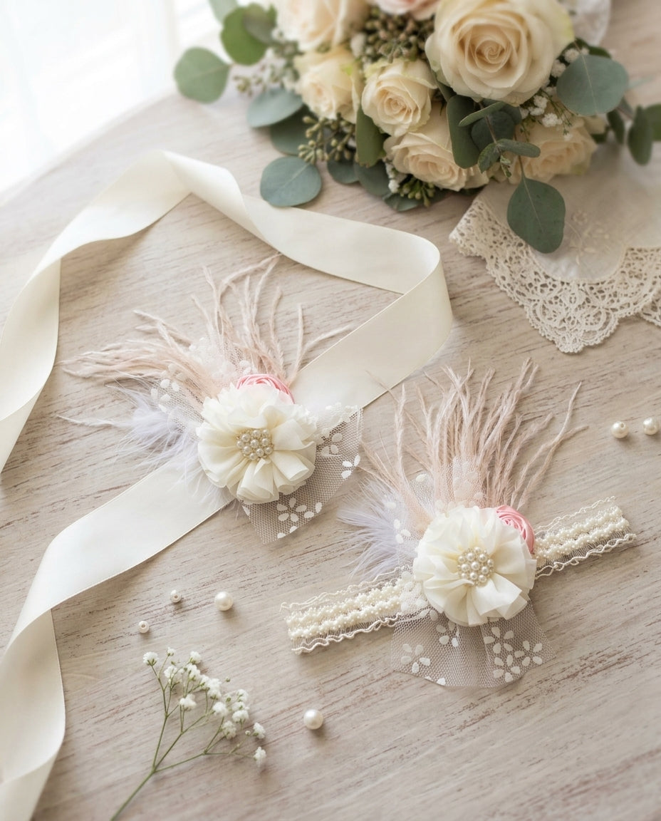 Girls Ivory and Peach Blush Headband and Sash