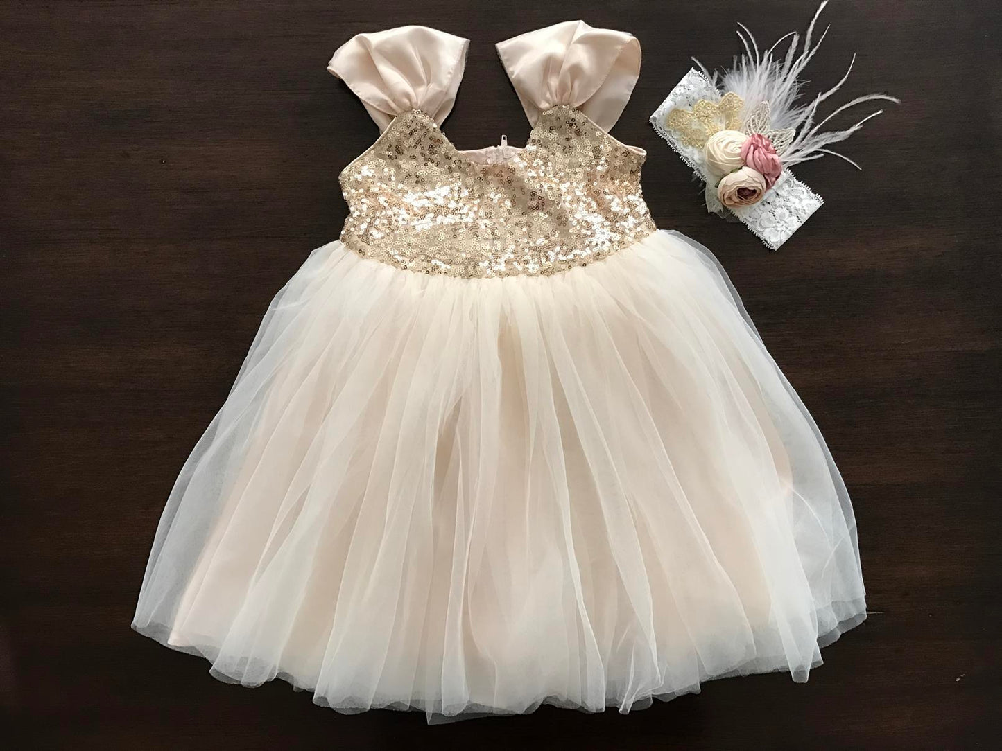 Gold Princess Flower Girl Dress with Headband