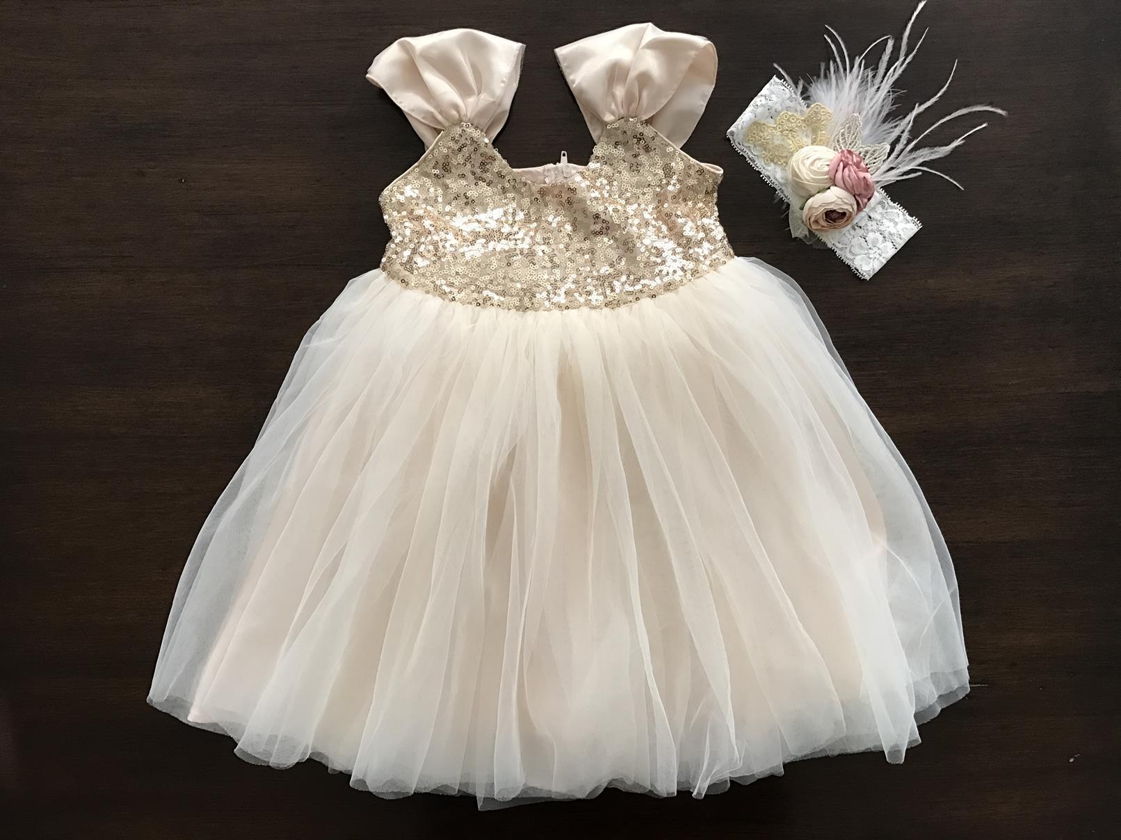Gold Princess Flower Girl Dress with Rose Headband Champagne / 9-12 Months